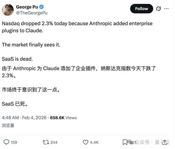 Claude一个插件吓哭华尔街 软件公司集体暴跌 2万亿元一日蒸发